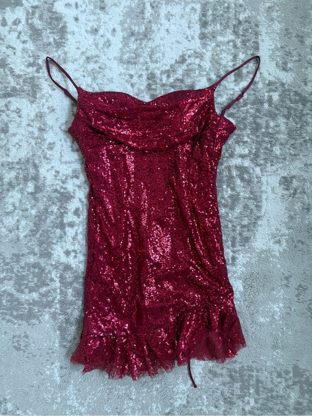 Women's Homecoming Sequin Cowl Neck Slip Dress in Burgundy